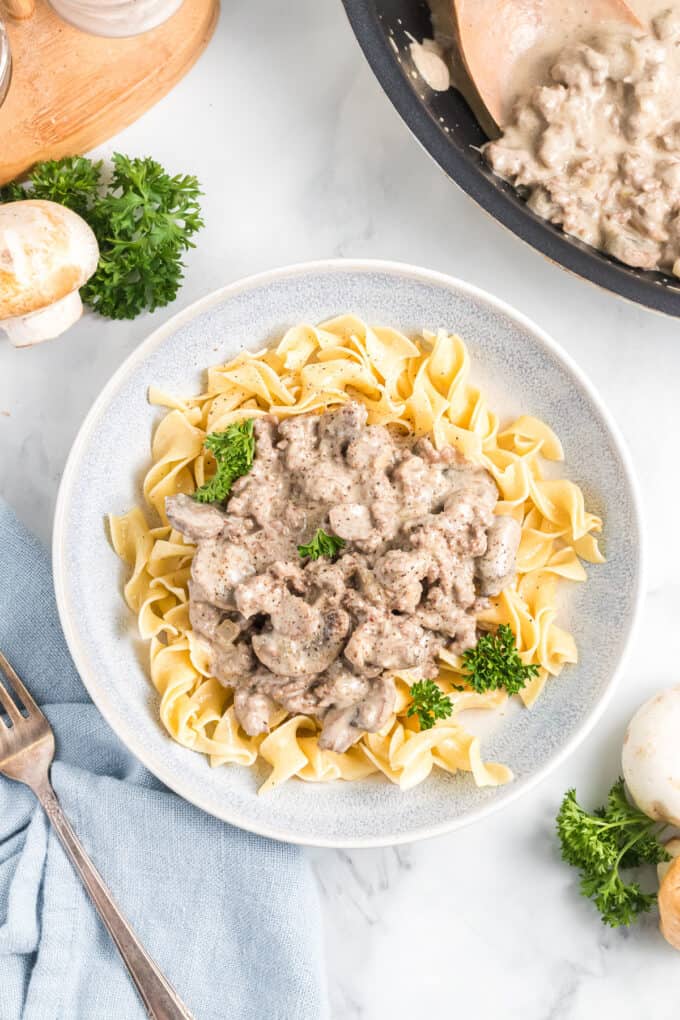An overhead image of creamy beef stroganoff with egg noodles.