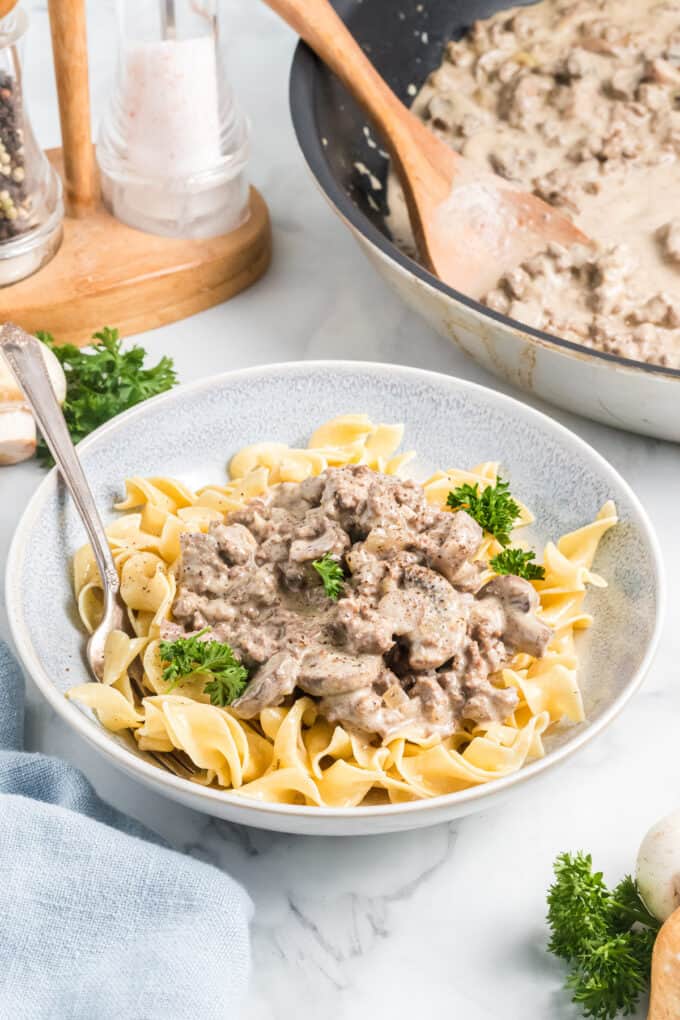 A bowl of ground beef stroganoff and noodles garnished with parsley in front of the pan full of stroganoff.