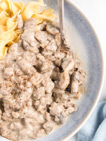 A serving of creamy ground beef stroganoff with mushrooms.