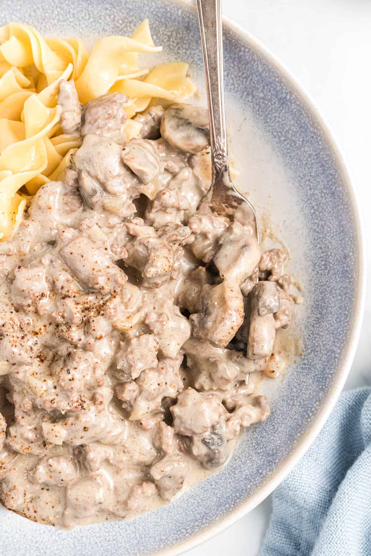 A serving of creamy ground beef stroganoff with mushrooms.