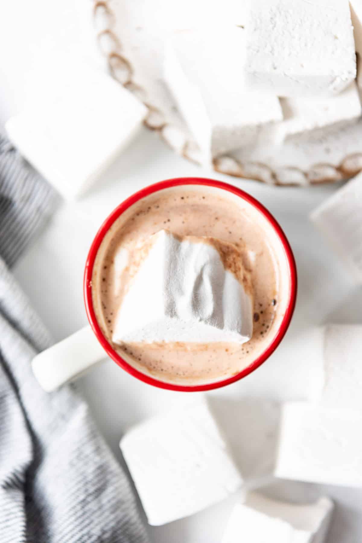 A close view of a marshmallow topping a mug of homemade hot cocoa.