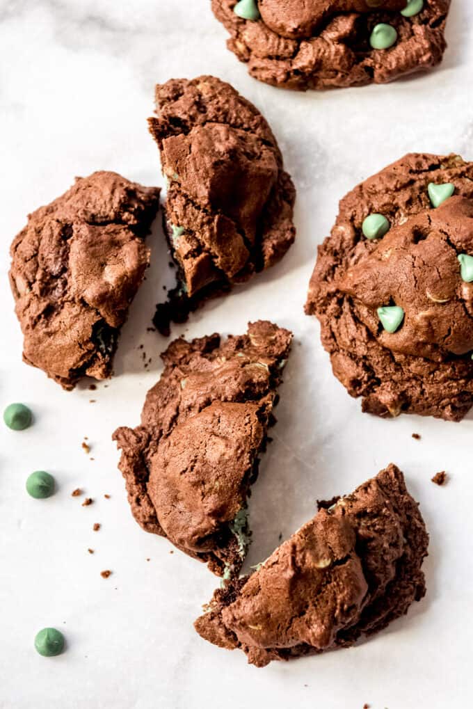 An overhead image of Levain-style thick chocolate mint cookies.