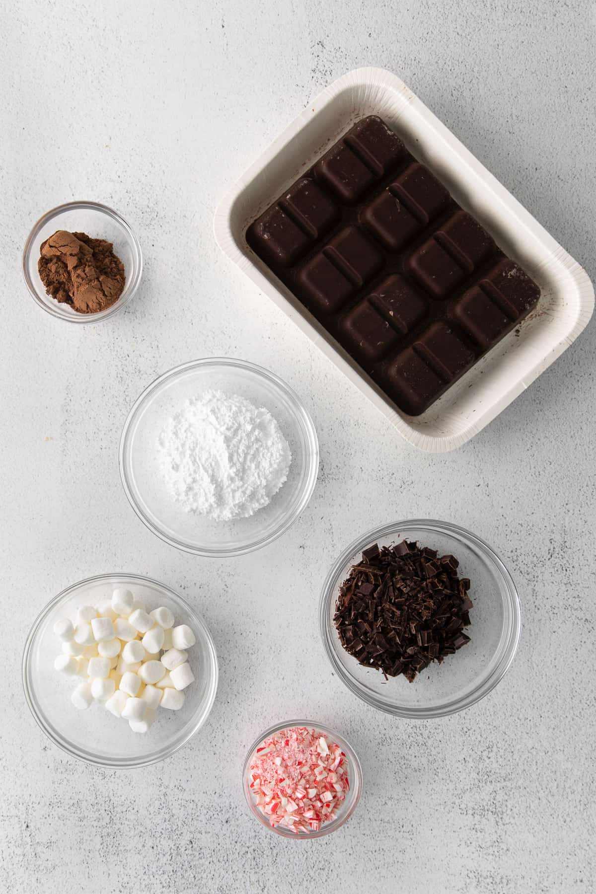 Ingredients for making peppermint hot cocoa bombs.