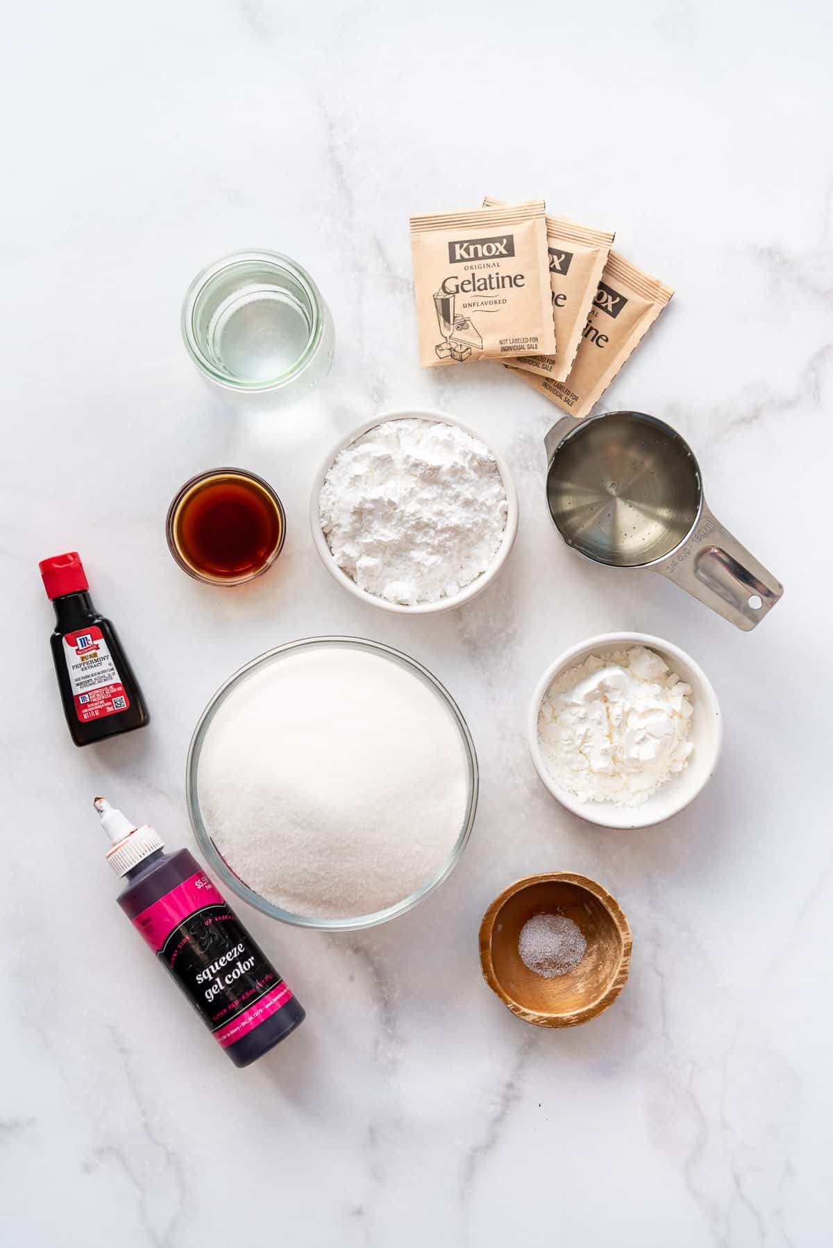 Ingredients for making peppermint marshmallows.