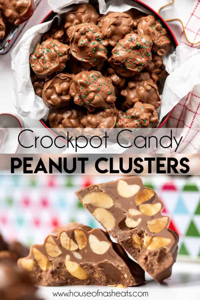 A collage of peanut cluster images with text overlay.