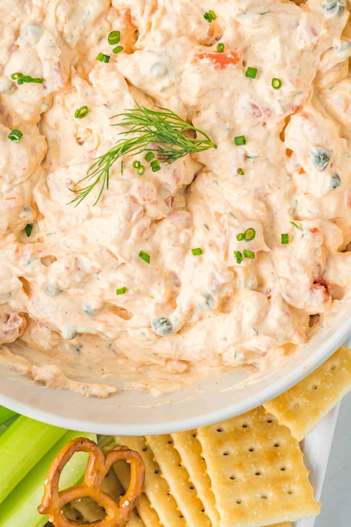 Close up top view of smoked salmon dip in a white bowl with some crackers and pretzels next to it. 