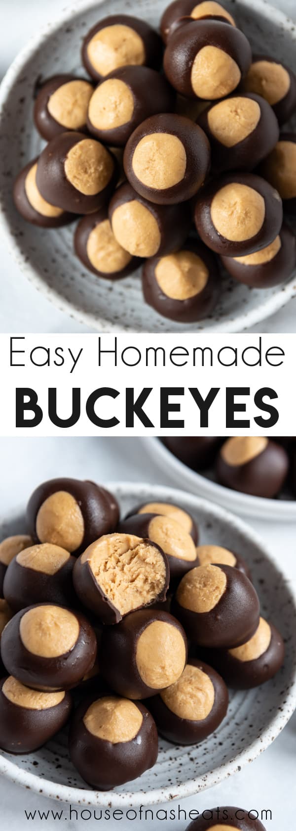 A collage of images of buckeyes candy piled on plates with text overlay.