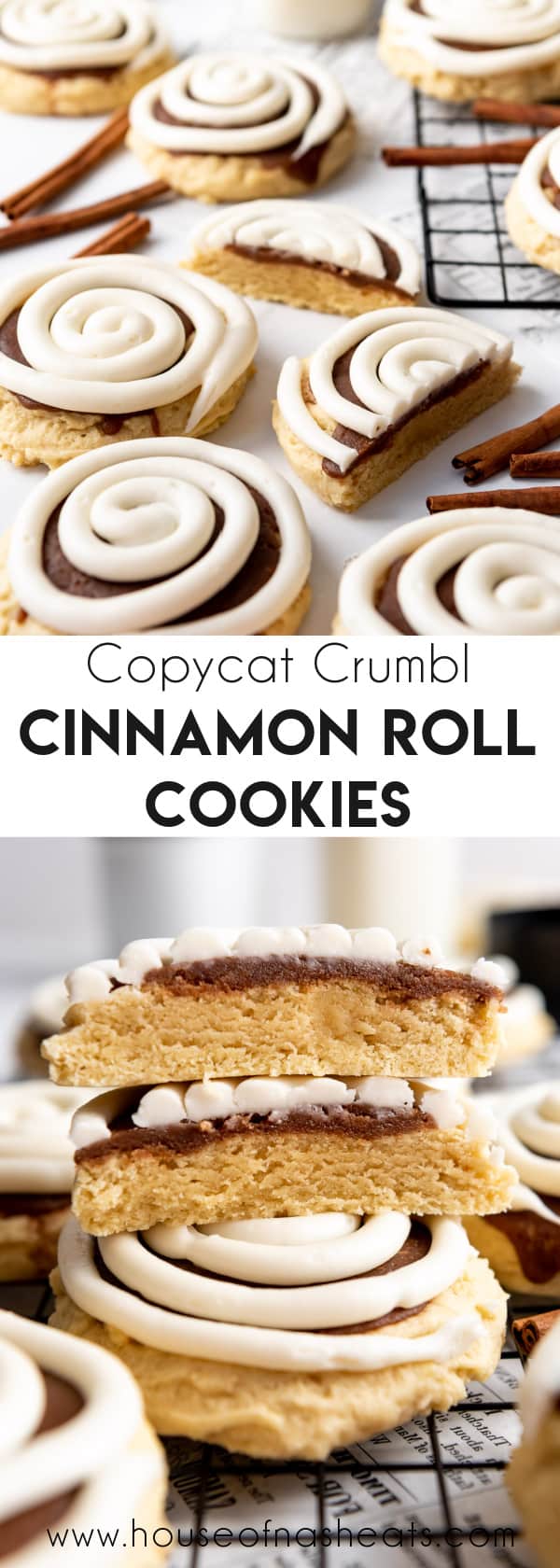 A collage of images of Crumbl copycat cinnamon roll cookies with text overlay.