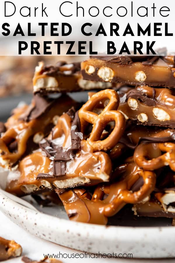Pretzels with homemade caramel and dark chocolate on a plate with text overlay.
