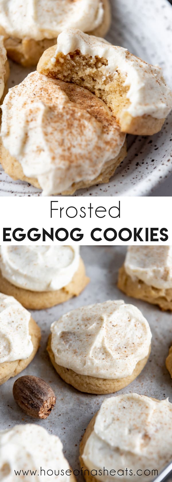 A collage of images of frosted eggnog cookies with text overlay.