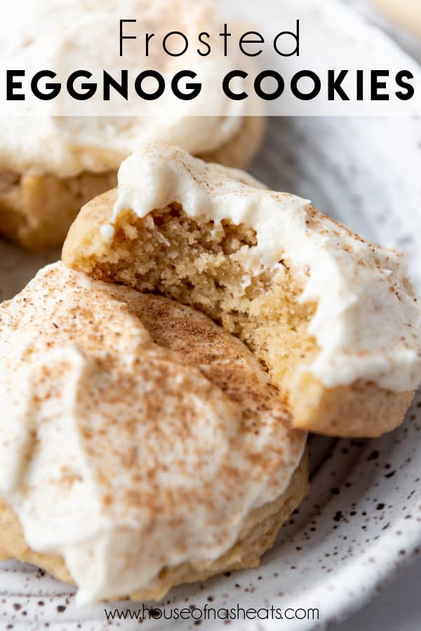 An image of frosted eggnog sugar cookies with a bite taken out of one of them with text overlay.