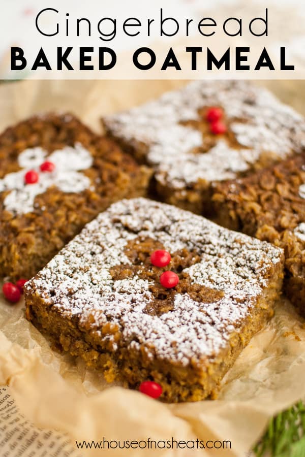 Squares of gingerbread baked oatmeal with text overlay.