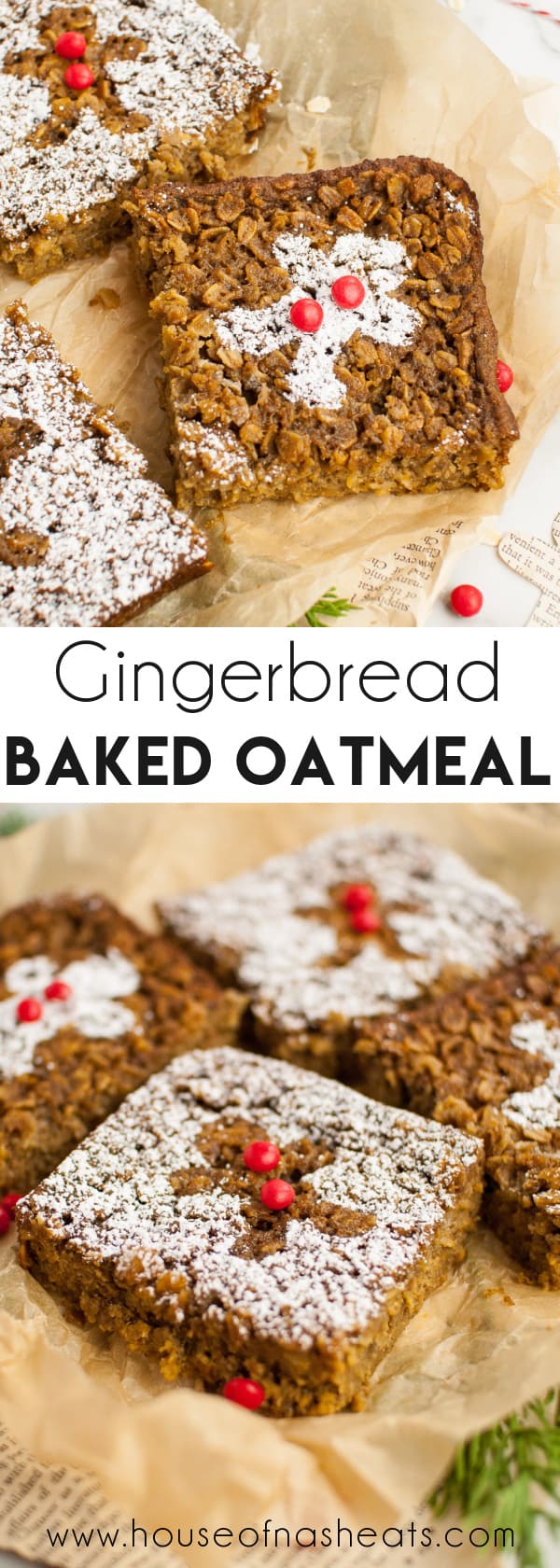 A collage of images of baked gingerbread oatmeal with powdered sugar dusted on top and text overlay.