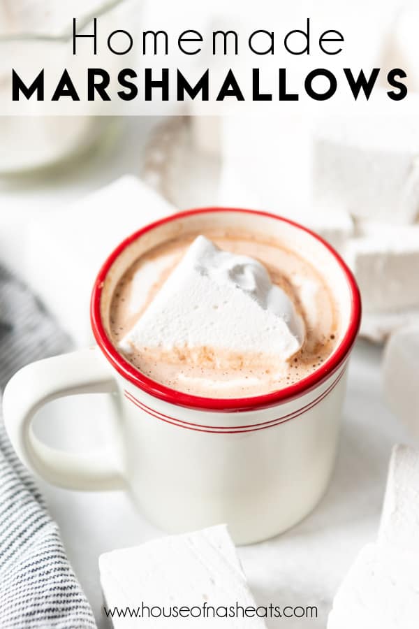 A homemade marshmallow in a mug of hot chocolate with text overlay.