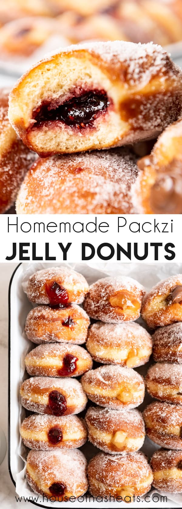 A collage of jelly filled donuts with text overlay.