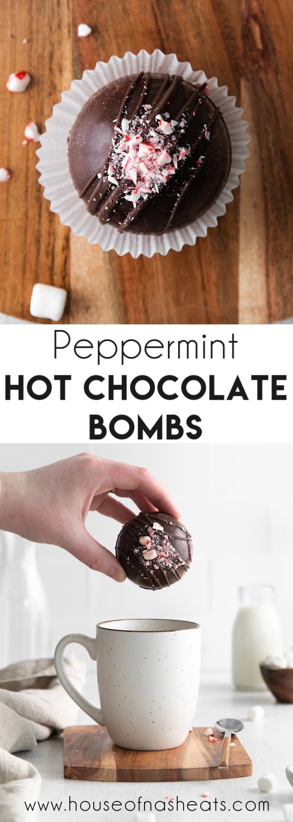 A collage of images of peppermint hot chocolate bombs with text overlay.