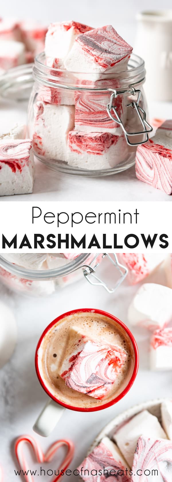 A collage of images of homemade peppermint marshmallows with text overlay.