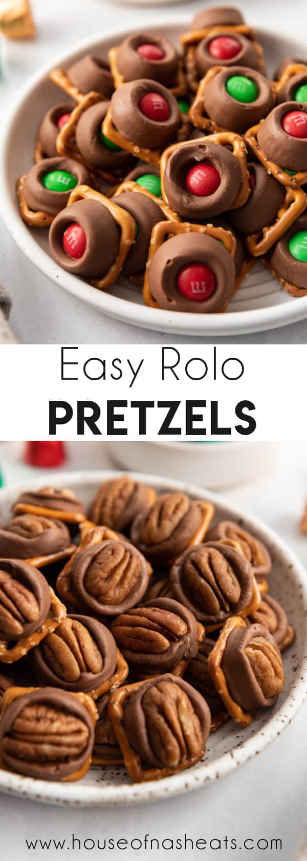 A collage of images of Rolo pretzels made with Christmas M&Ms and whole toasted pecans.