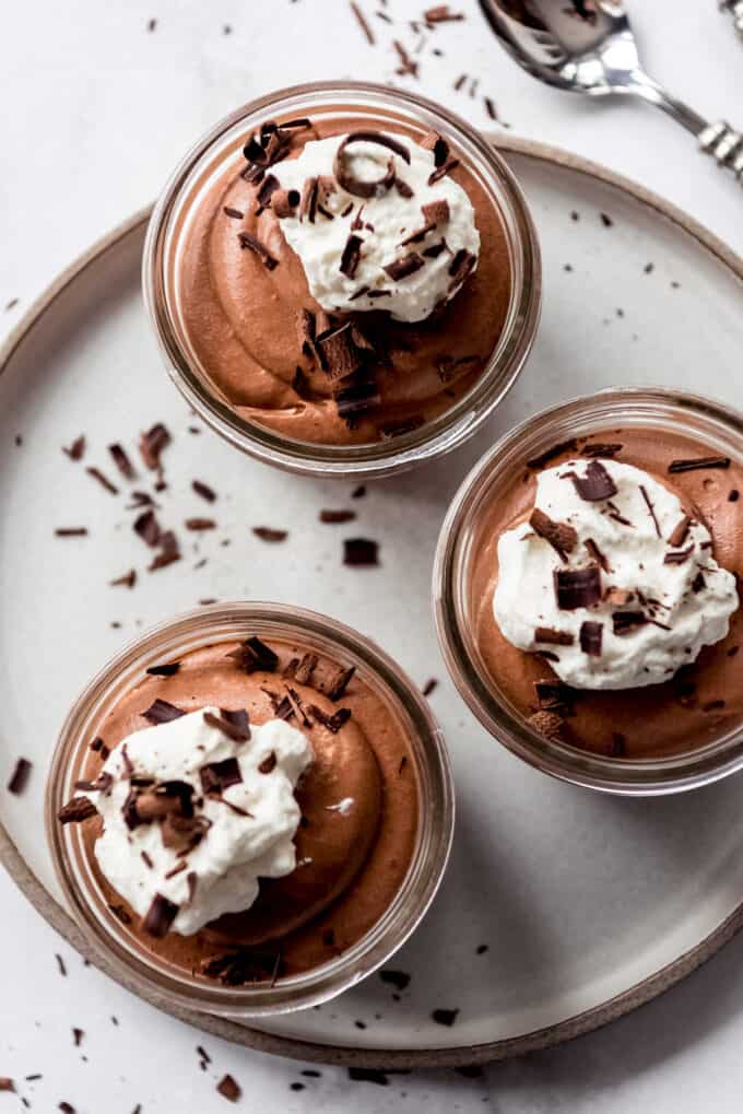 Overhead image of 3 Chocolate Mousse cups.