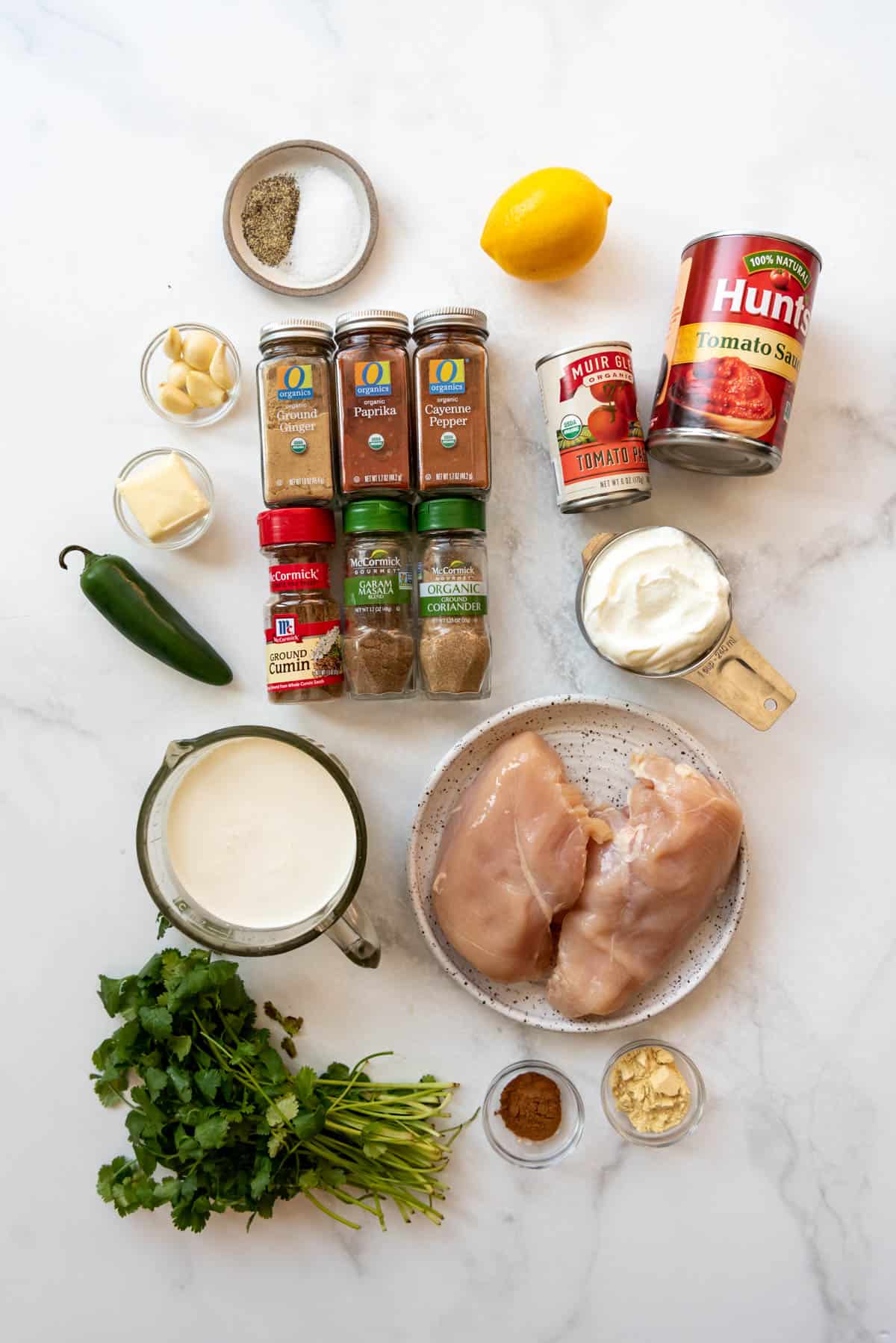 Ingredients for homemade chicken tikka masala.