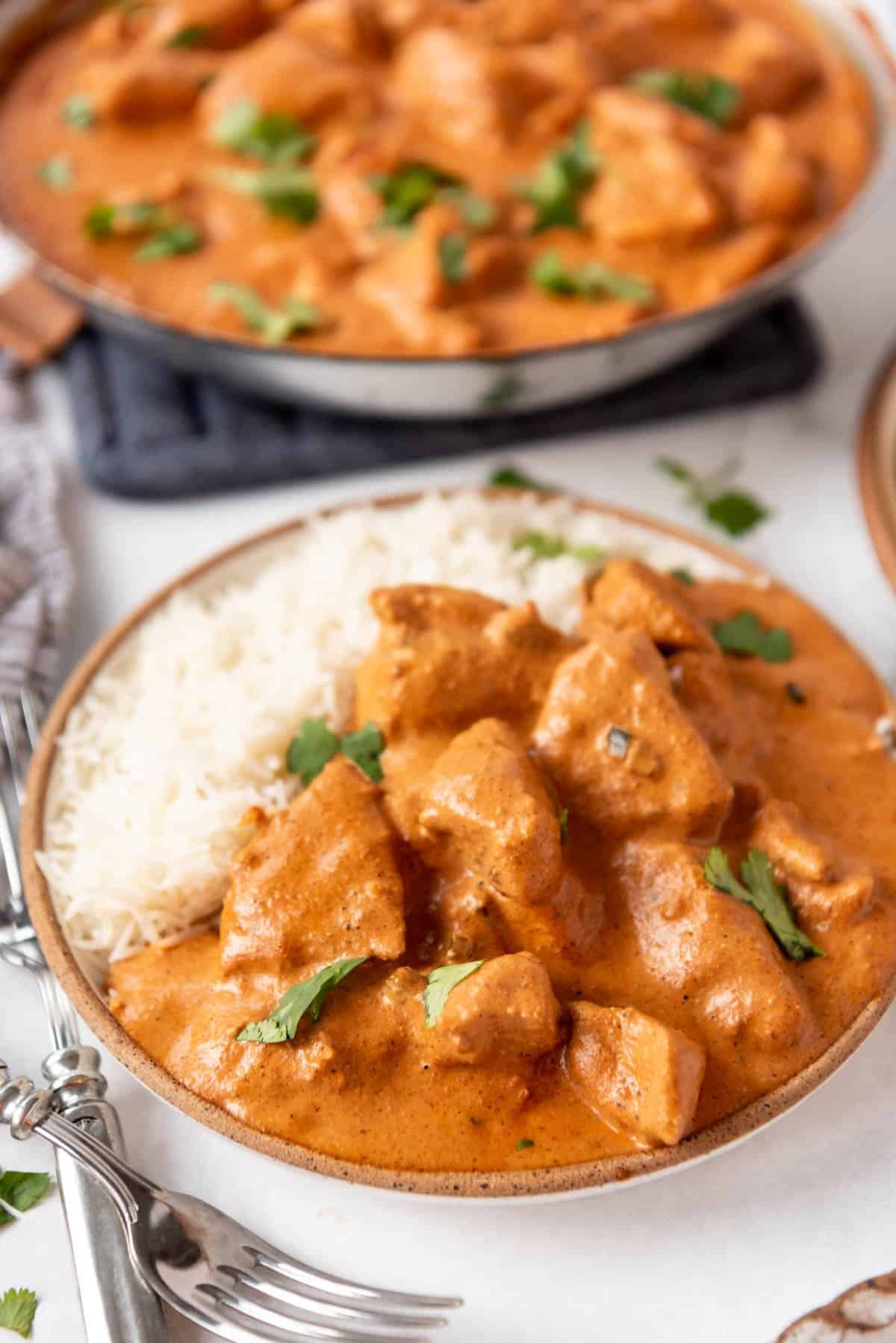 A plate of chicken tikka masala over white basmati rice.