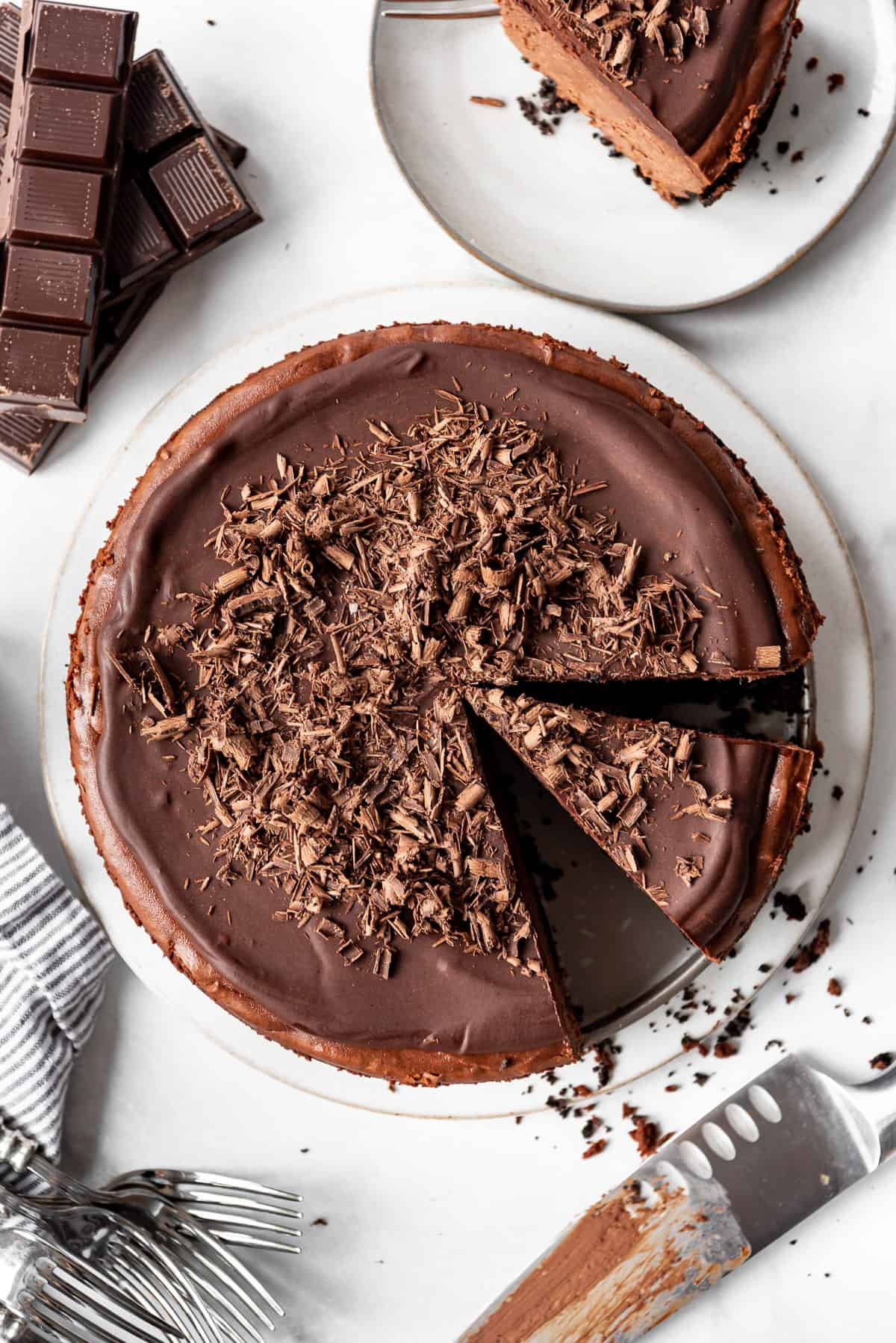 Triple Chocolate Cheesecake overhead, slice ready to serve.