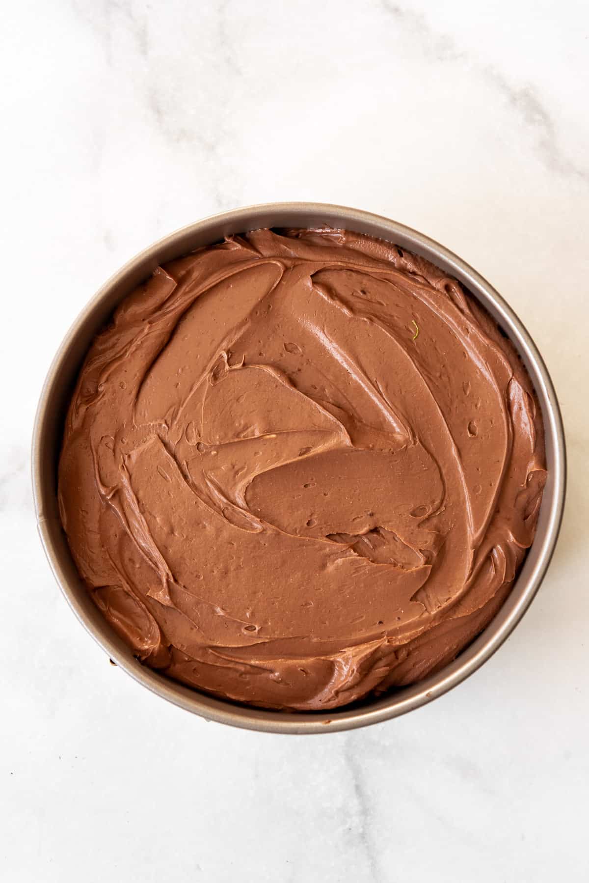 Unbaked chocolate cheesecake in a springform pan.