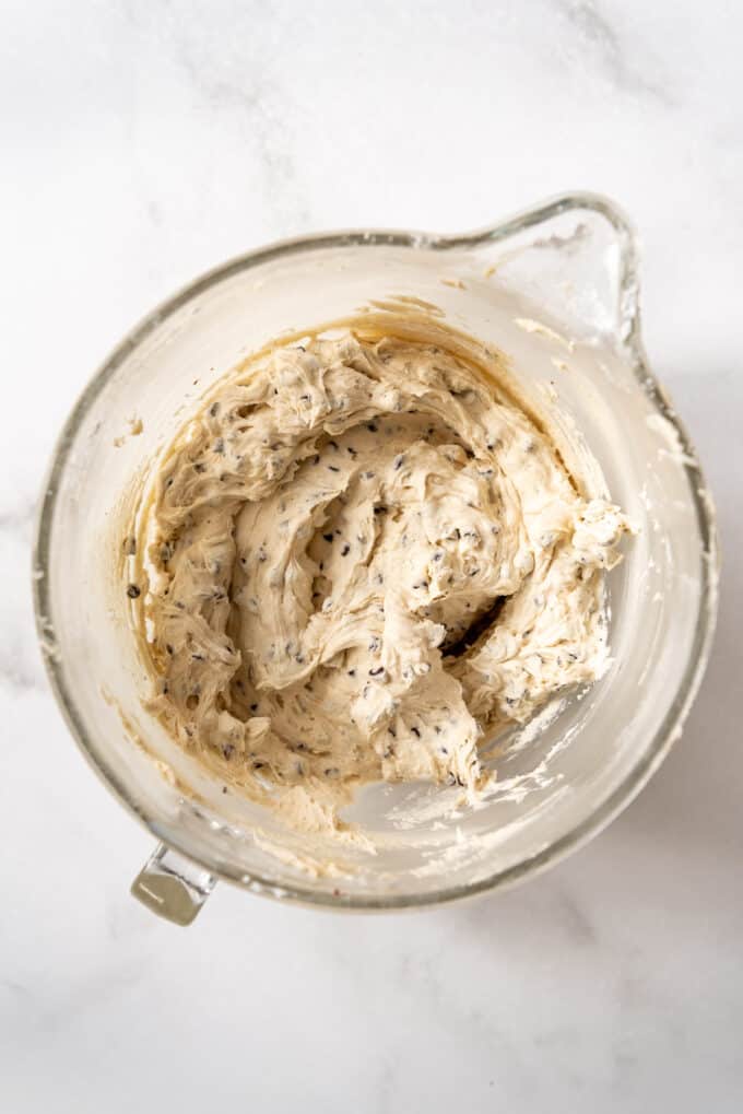 Chocolate chip cookie dough frosting in a bowl.