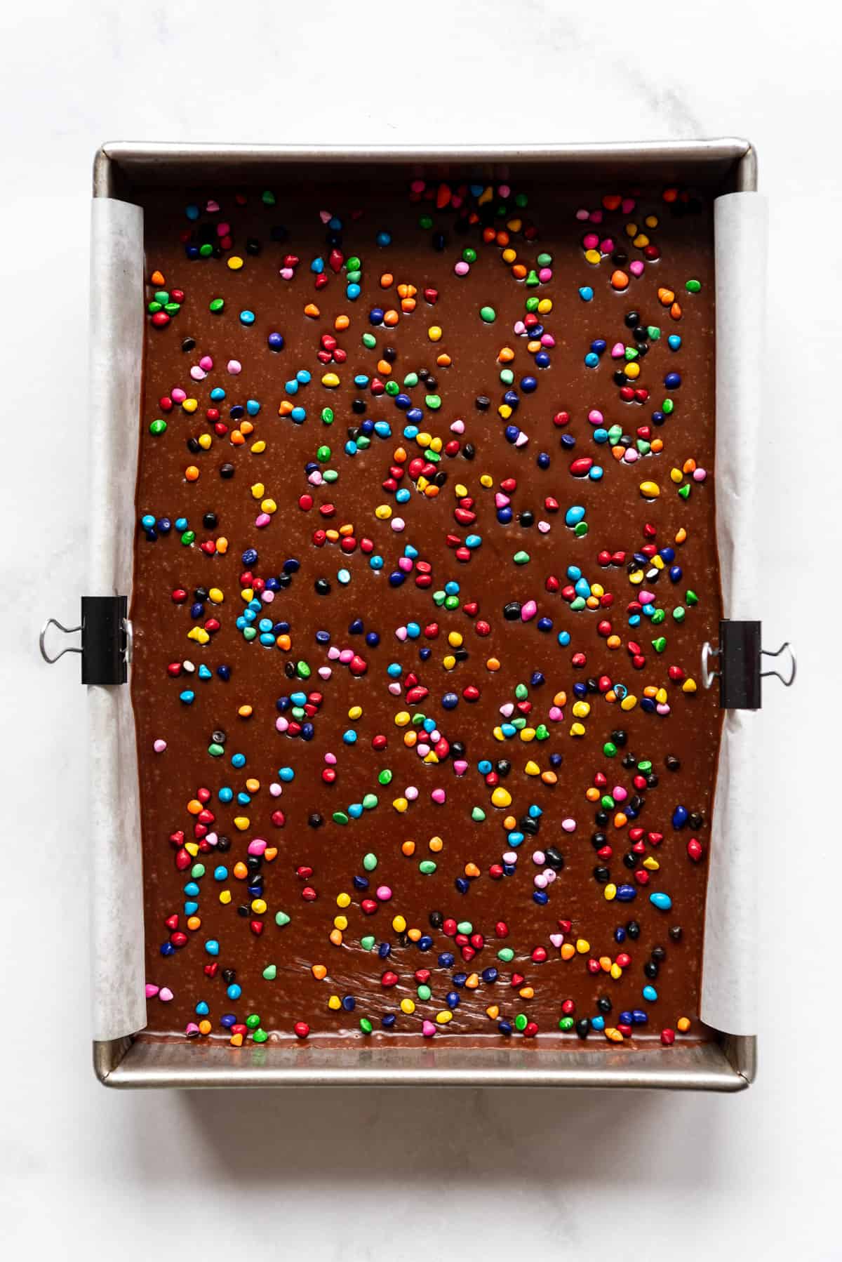 A pan full of homemade cosmic brownies.