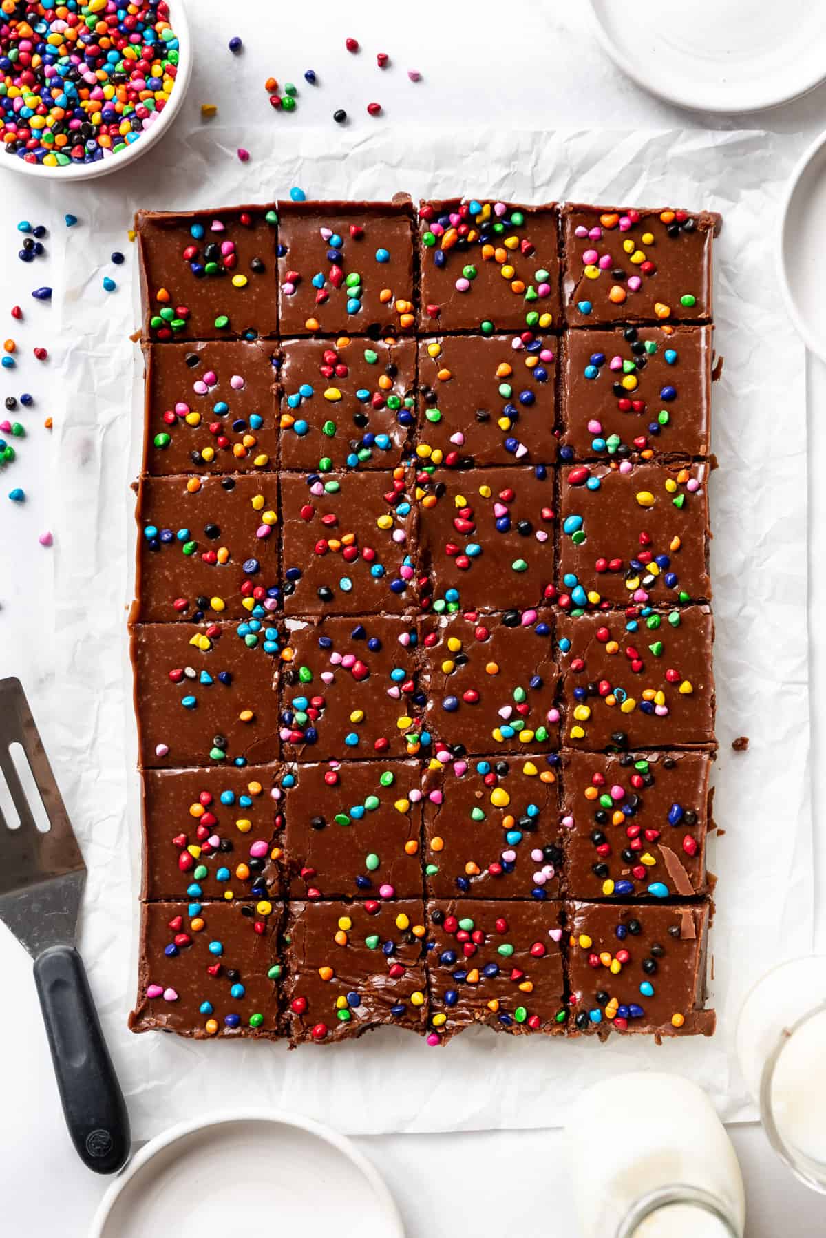 Chocolate frosted brownies cut into squares.