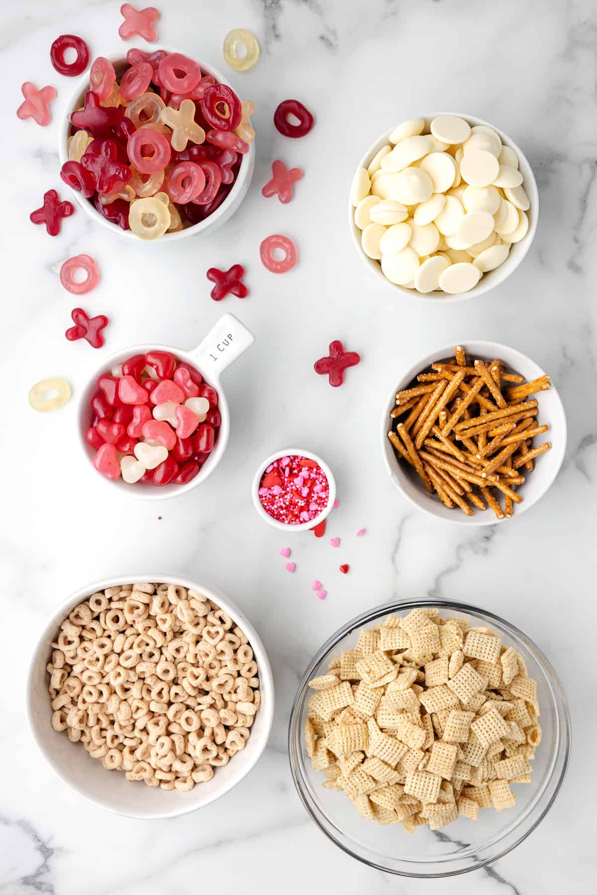 Ingredients for making Valentine chex mix.