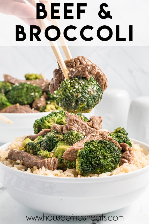 Chopsticks being used to pick up bites of beef and broccoli from a bowl with text overlay.