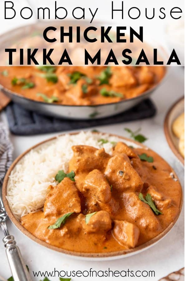 A plate of chicken tikka masala with text overlay.