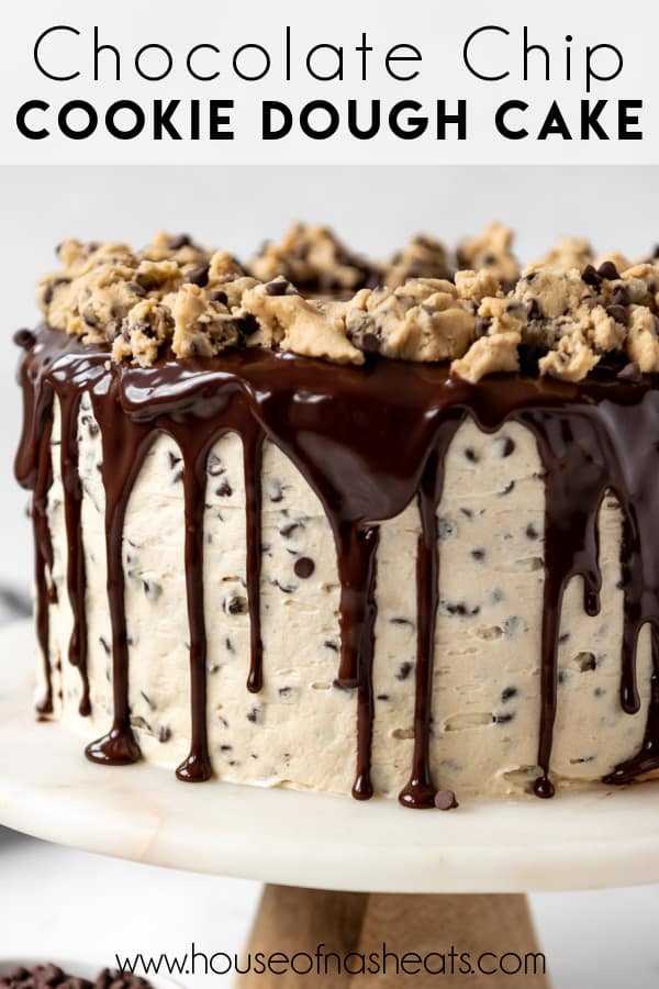 A whole chocolate chip cookie dough cake with text overlay.