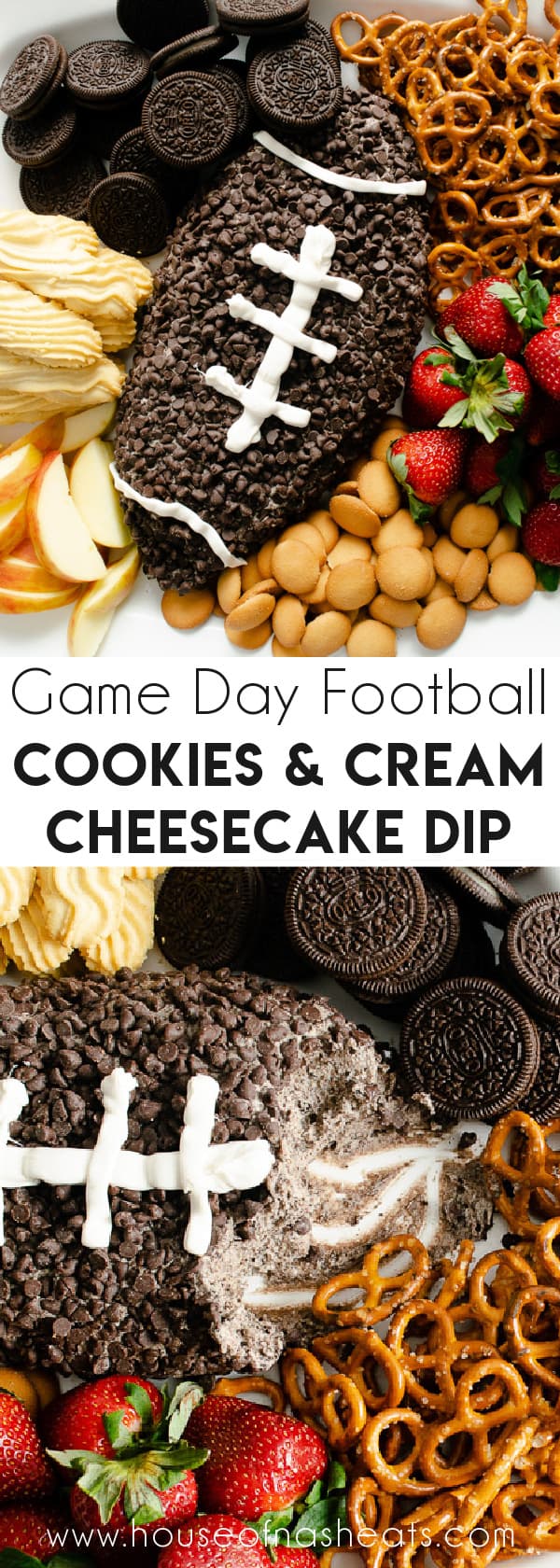 A collage of images of a football cookies & cream cheesecake dip with text overlay.