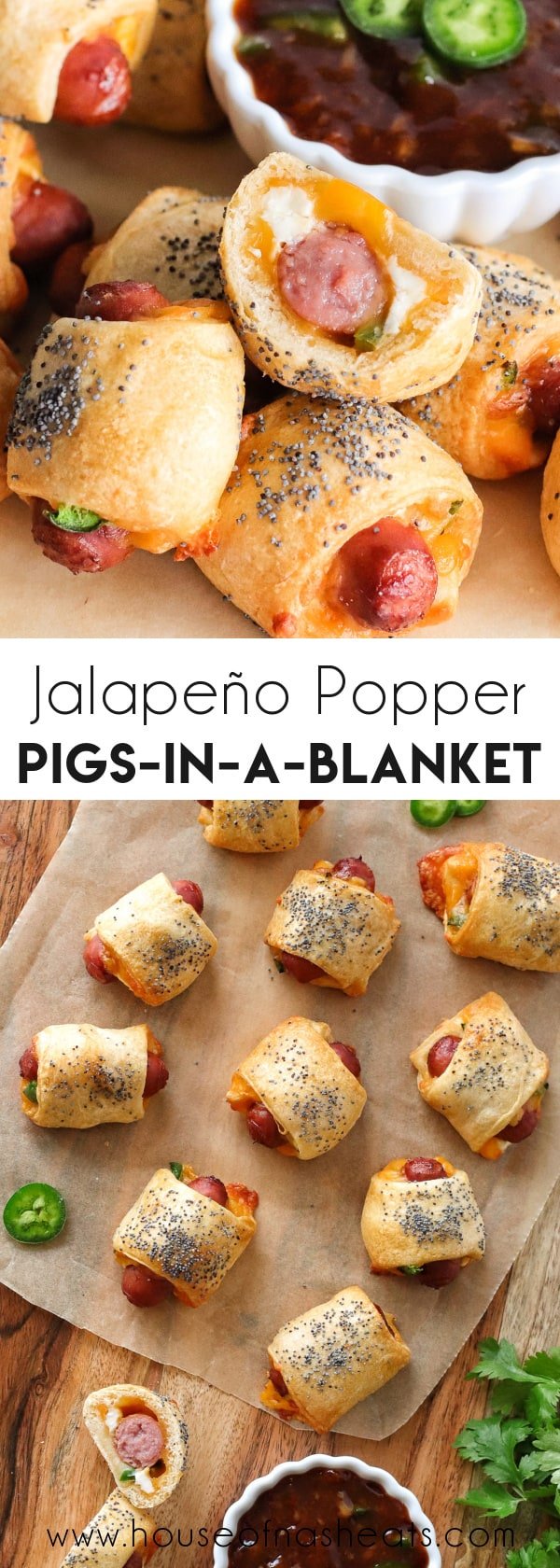 A collage of images of jalapeno popper pigs in a blanket with text overlay.