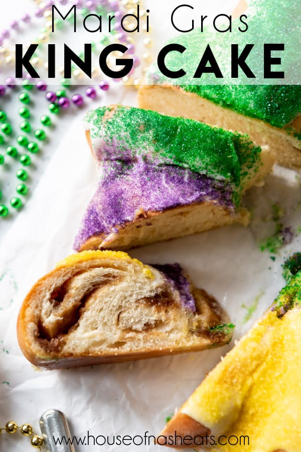 A slice of cinnamon swirled King Cake with text overlay.