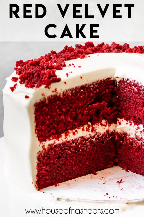 A 2-layer red velvet cake with cream cheese frosting and text overlay.