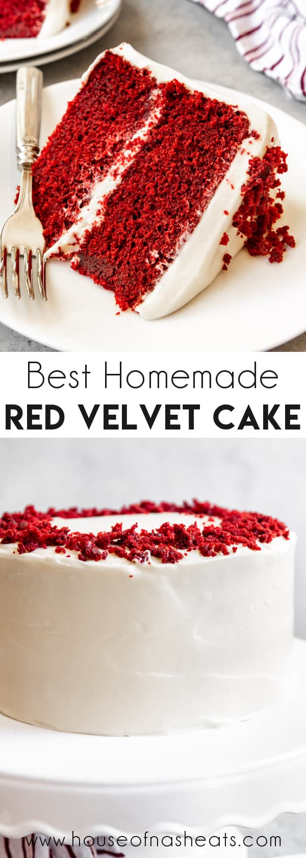 A collage of images of red velvet cake with text overlay.