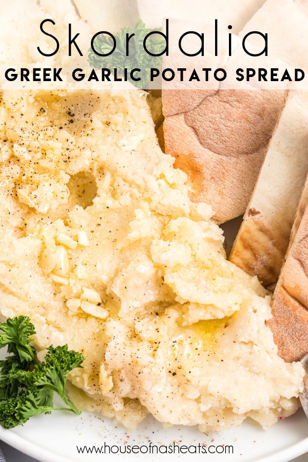 An image of skordalia Greek garlic potato spread with text overlay.