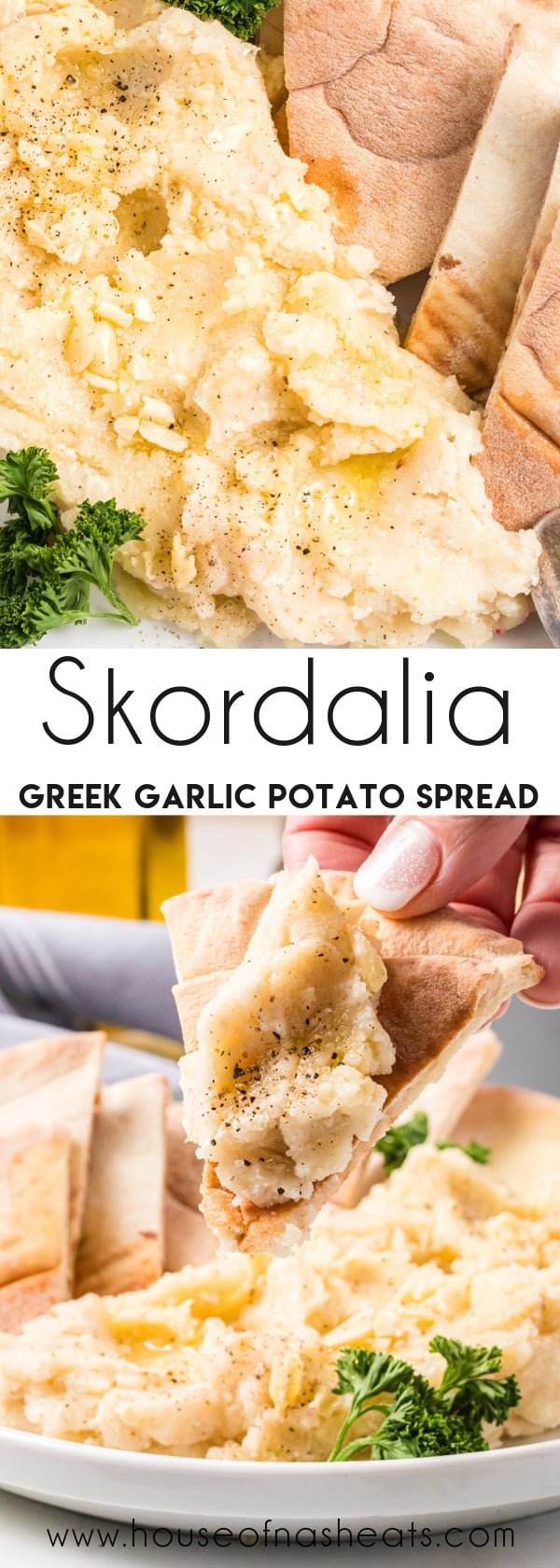 A collage of images of skordalia Greek garlic potato spread with text overlay.
