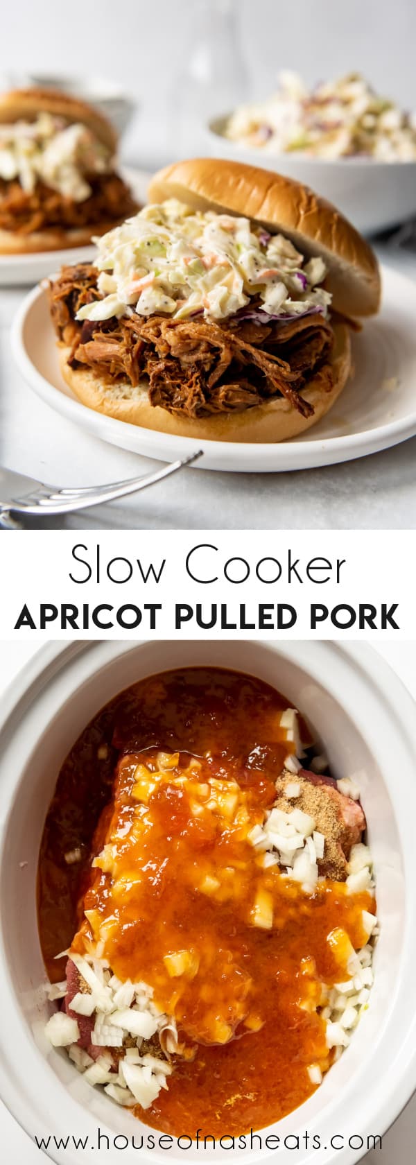A collage of images of slow cooker apricot pulled pork with text overlay.