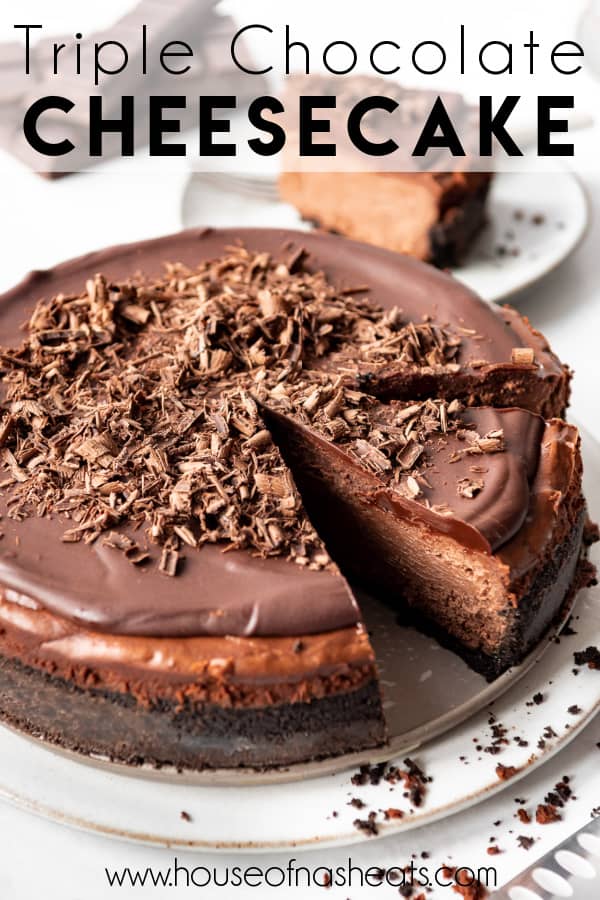 A large chocolate cheesecake with text overlay.