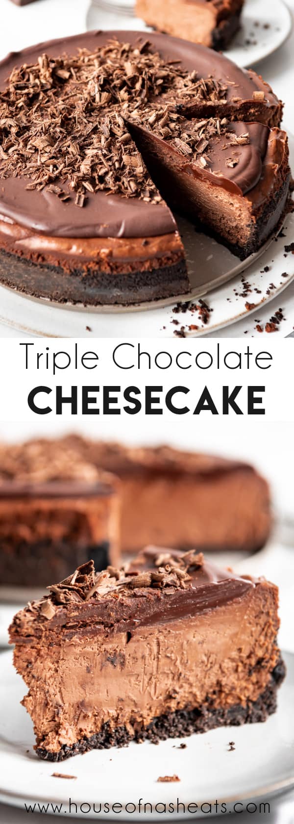 A collage of images of chocolate cheesecake with text overlay.