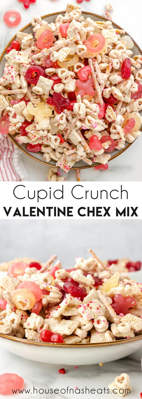 A collage of images of Valentine chex mix with text overlay.