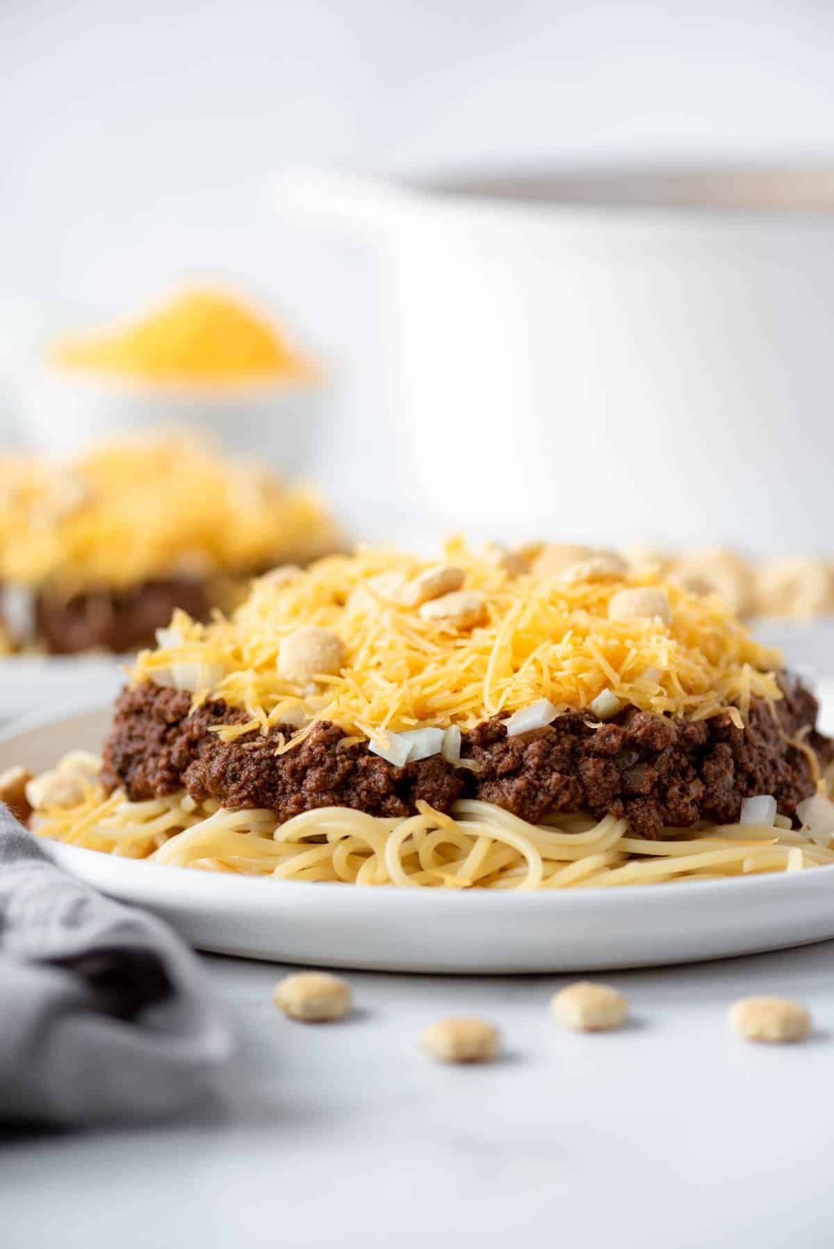 A mound of Cincinnati chili sauce on top of spaghetti noodles in front of a white pot and another plate.