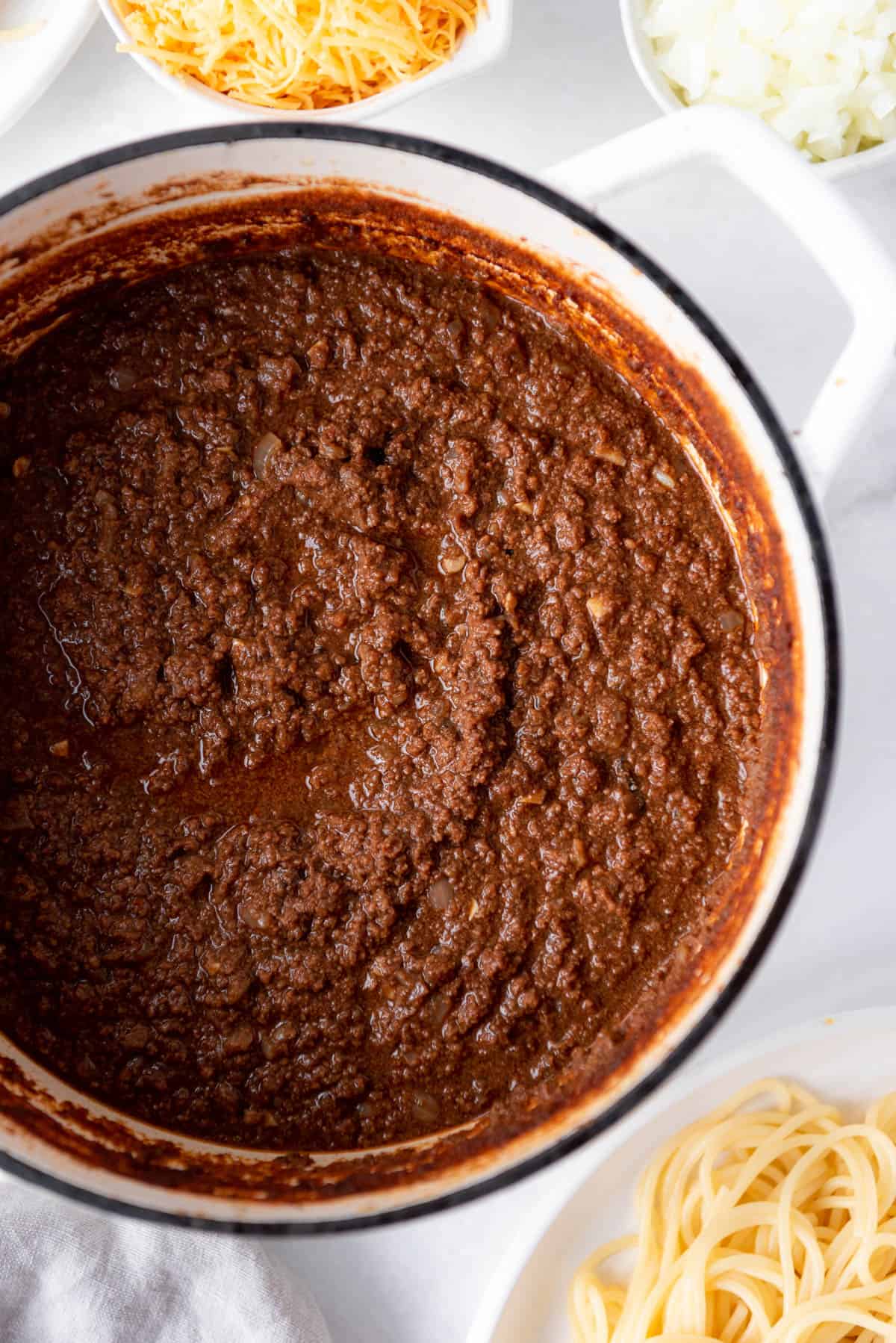 Homemade copycat Skyline Cincinnati chili meat sauce in a Dutch oven.