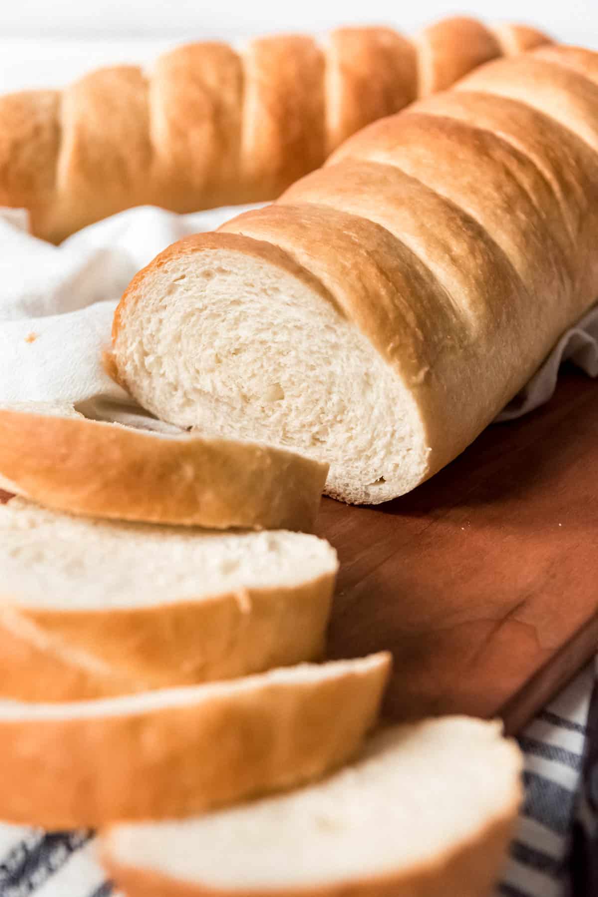 A sliced loaf of French bread.