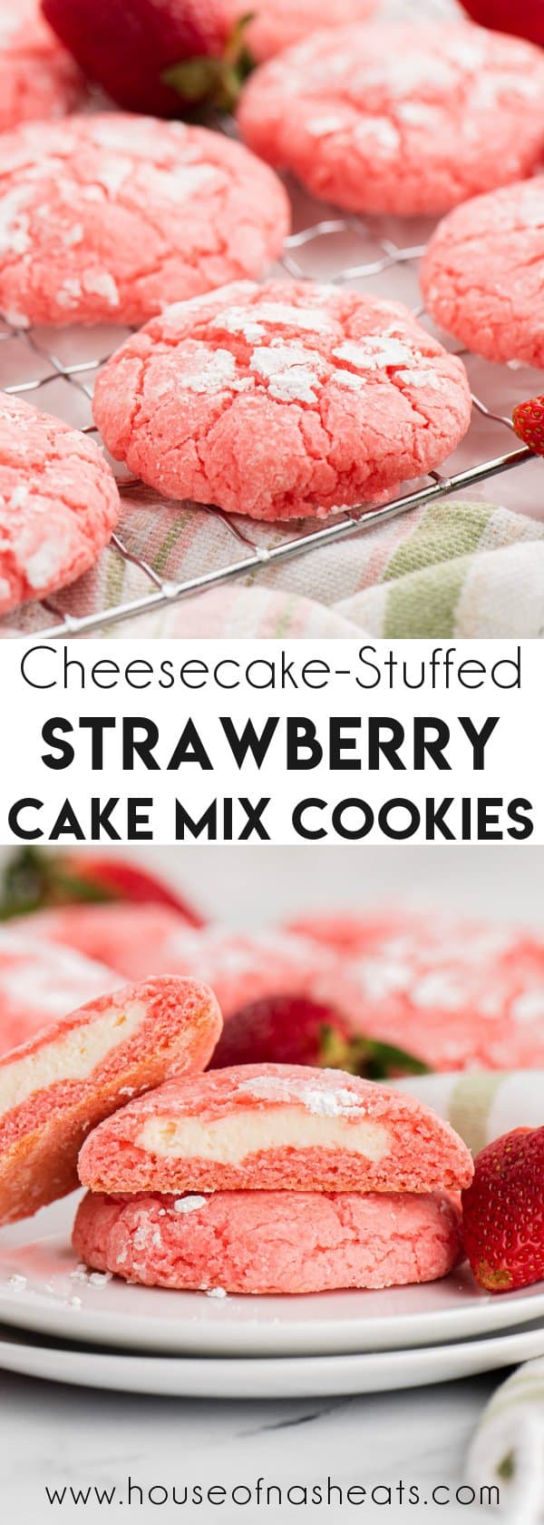 A collage of images of strawberry cake mix cookies with text overlay.
