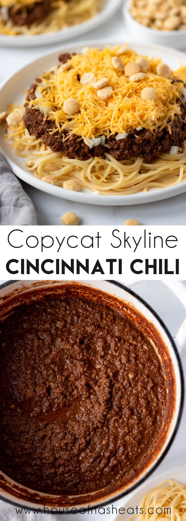 A collage of images of Cincinnati chili with text overlay.